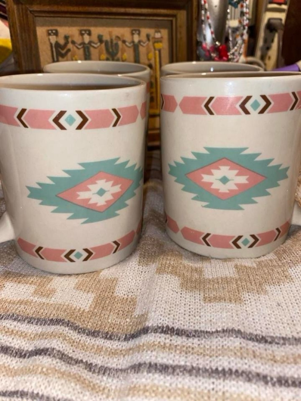 Set of 4 Vintage Meiwa Table Art Southwest Aztec Geometric Mugs - 1990s Ceramic